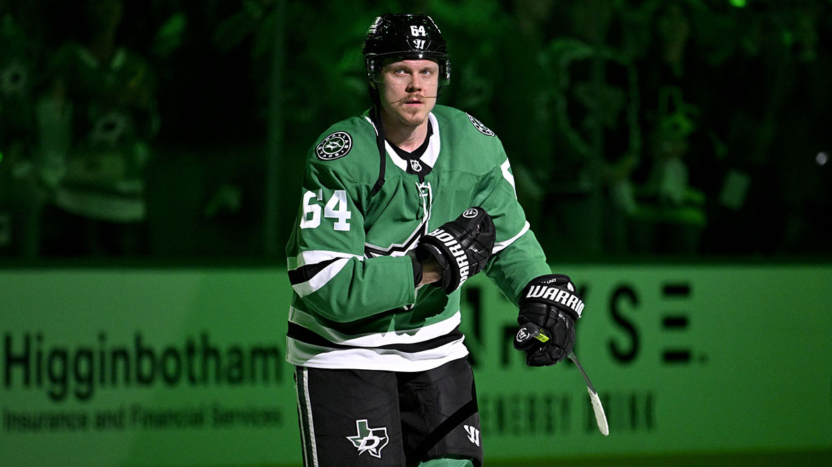 Dallas Stars center Mikael Granlund (64) skates off the ice after the Stars defeat the Winnipeg Jets in game four of the second round of the 2025 Stanley Cup Playoffs at American Airlines Center.