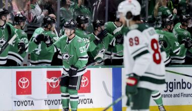 Dallas Stars center Wyatt Johnston (53) celebrates with his team after scoring in the second period of an NHL hockey game against the Minnesota Wild in Dallas, Monday, March 24, 2025. (AP Photo/Gareth Patterson)