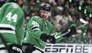 Dallas Stars' Matt Duchene (95) reacts to play against the Winnipeg Jets in the second period of Game 6 of a second-round NHL hockey playoff series in Dallas, Saturday, May 17, 2025. (AP Photo/Gareth Patterson)