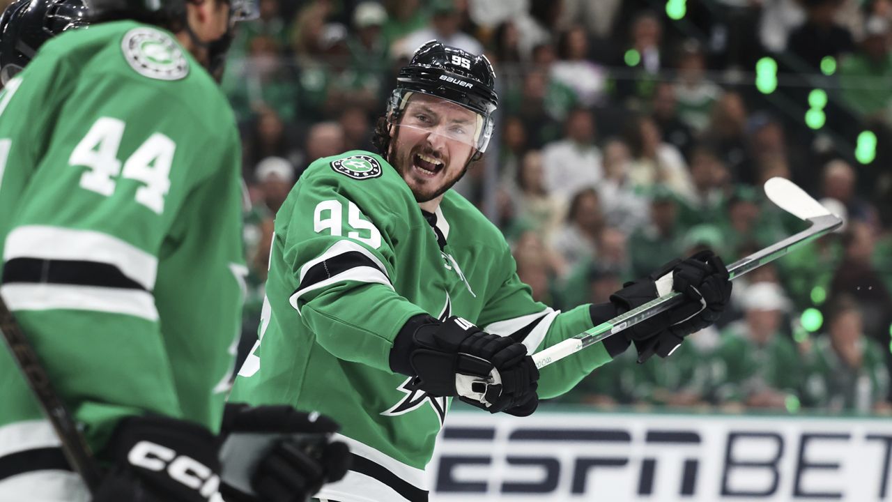 Dallas Stars' Matt Duchene (95) reacts to play against the Winnipeg Jets in the second period of Game 6 of a second-round NHL hockey playoff series in Dallas, Saturday, May 17, 2025. (AP Photo/Gareth Patterson)