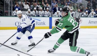 Dallas Stars left wing Mason Marchment (27) shoots during an NHL hockey game against the Tampa Bay Lightning in Dallas, Thursday, March 20, 2025. (AP Photo/Gareth Patterson)