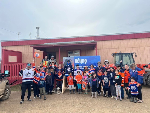 Délı̨nę celebrates the Oilers winning the first game of the Stanley Cup playoffs on June 4. Photo: Elaine N Kenny