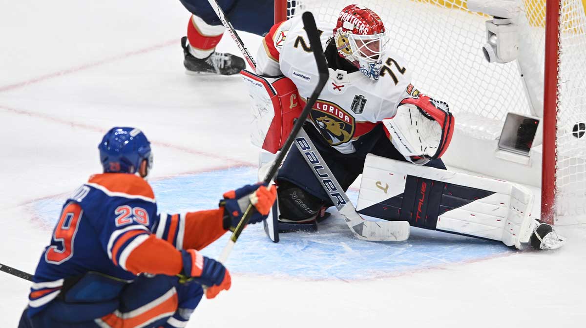Edmonton Oilers center Leon Draisaitl (29) scores the game winning goal in overtime against the Florida Panthers in game one of the 2025 Stanley Cup Final at Rogers Place.