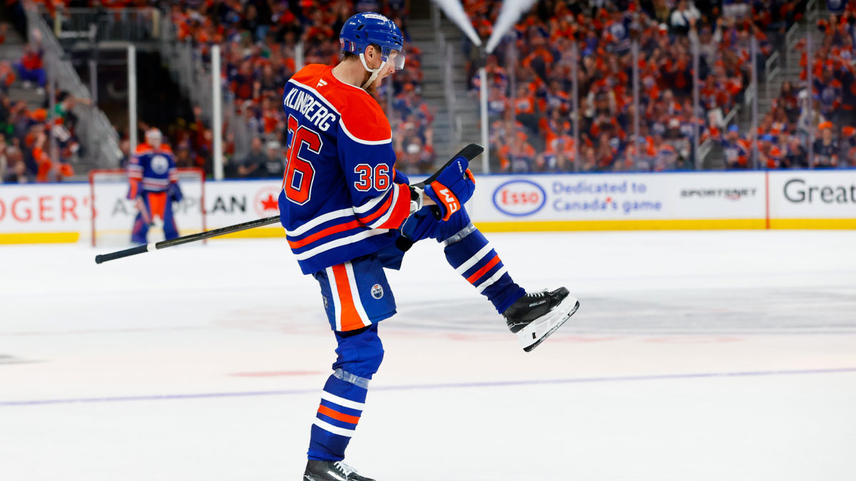 Edmonton Oilers defenseman John Klingberg (36) celebrates after he scores a power play goal against the Dallas Stars during the third period in game three of the Western Conference Final of the 2025 Stanley Cup Playoffs at Rogers Place.