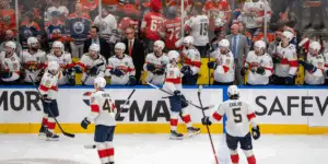 Florida Panthers celebrating a goal in Game 5 of the Stanley Cup Final