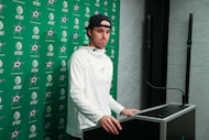  Dallas Stars goaltender Jake Oettinger pauses as he answers questions during end-of-season...