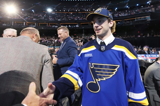 Tomas Mrsic is selected by the St. Louis Blues with the 113th overall pick during the 2024 Upper Deck NHL Draft at Sphere on June 29, 2024 in Las Vegas, Nevada. (Photo by Bruce Bennett/Getty Images)