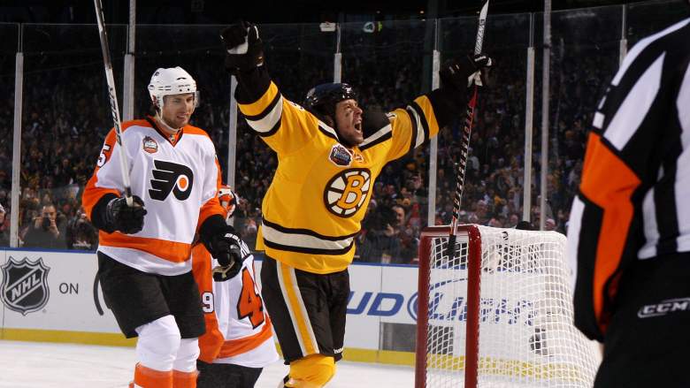 Marco Sturm of the Boston Bruins celebrates scoring a goal to defeat the Philadelphia Flyers at the 2010 Winter Classic at Fenway Park