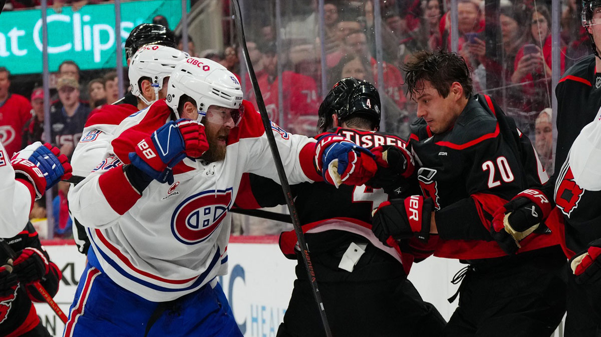 Montreal Canadiens defenseman David Savard (58) goes after Carolina Hurricanes center Sebastian Aho (20) during the first period at Lenovo Center.