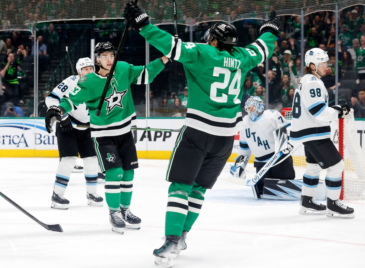 Dallas Stars right wing Evgenii Dadonov (63) rects after scoring a first period goal against...