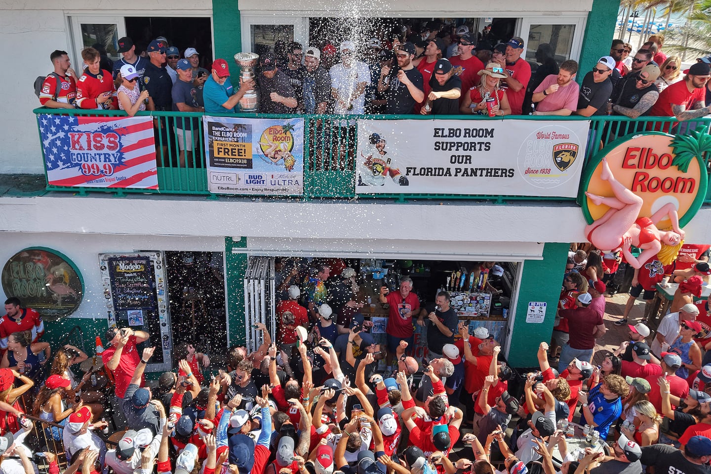 The Florida Panthers brought the Stanley Cup to the Elbo Room in Fort Lauderdale, Fla., the morning after defending their title in Game 6 against the Oilers.