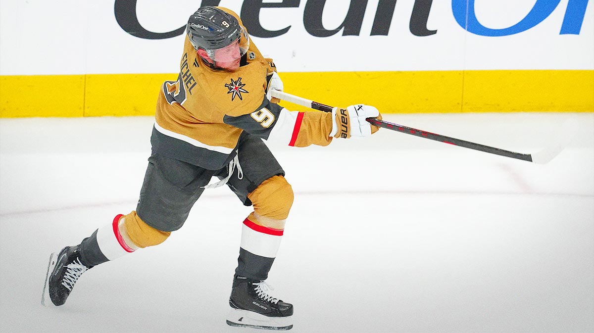 Vegas Golden Knights center Jack Eichel (9) shoots against the Edmonton Oilers during the third period of game one of the second round of the 2025 Stanley Cup Playoffs at T-Mobile Arena.