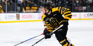 Jake O'Brien skating for the Brantford Bulldogs