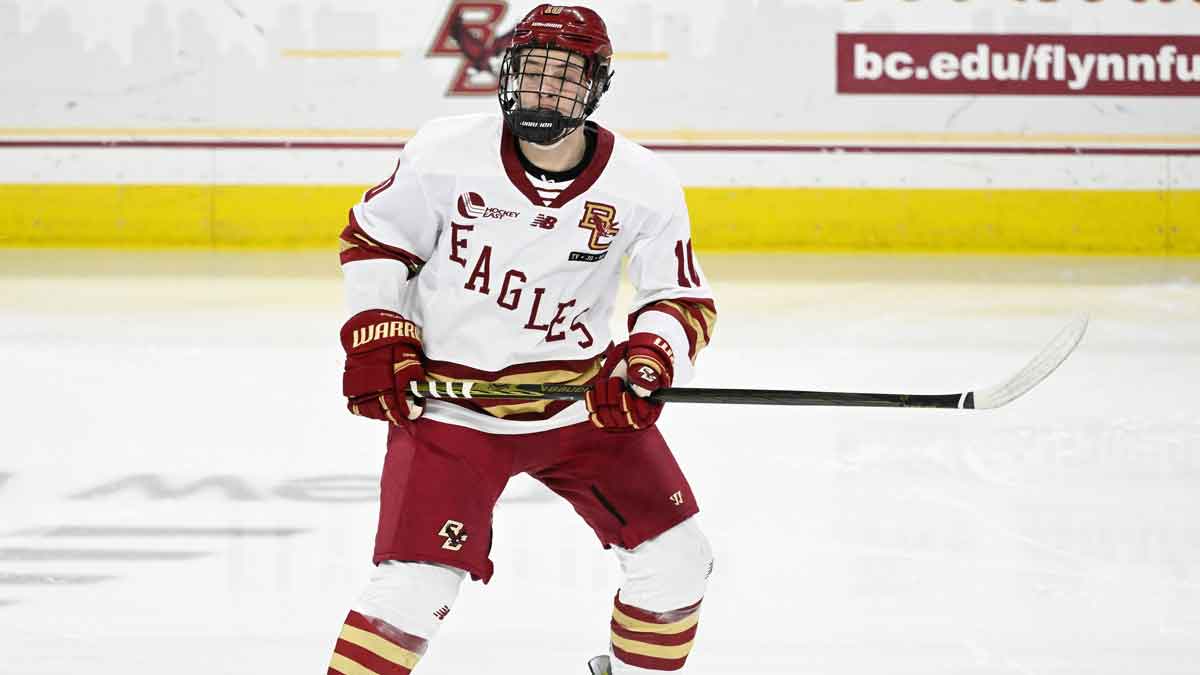 Boston College forward James Hagens (10) skates against the University of New Hampshire Wildcats during the second period at Conte Forum.