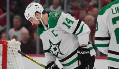 Dallas Stars left wing Jamie Benn skates to the bench after scoring on the Chicago Blackhawks during the first period of an NHL hockey game Sunday, Dec. 29, 2024, in Chicago. (AP Photo/Erin Hooley)