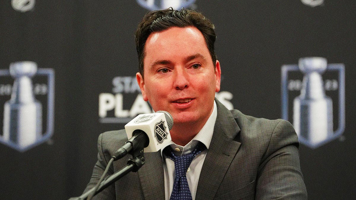 Edmonton Oilers head coach Jay Woodcroft fields questions in a press conference after the Oilers defeated the Vegas Golden Knights in game two of the second round of the 2023 Stanley Cup Playoffs at T-Mobile Arena.