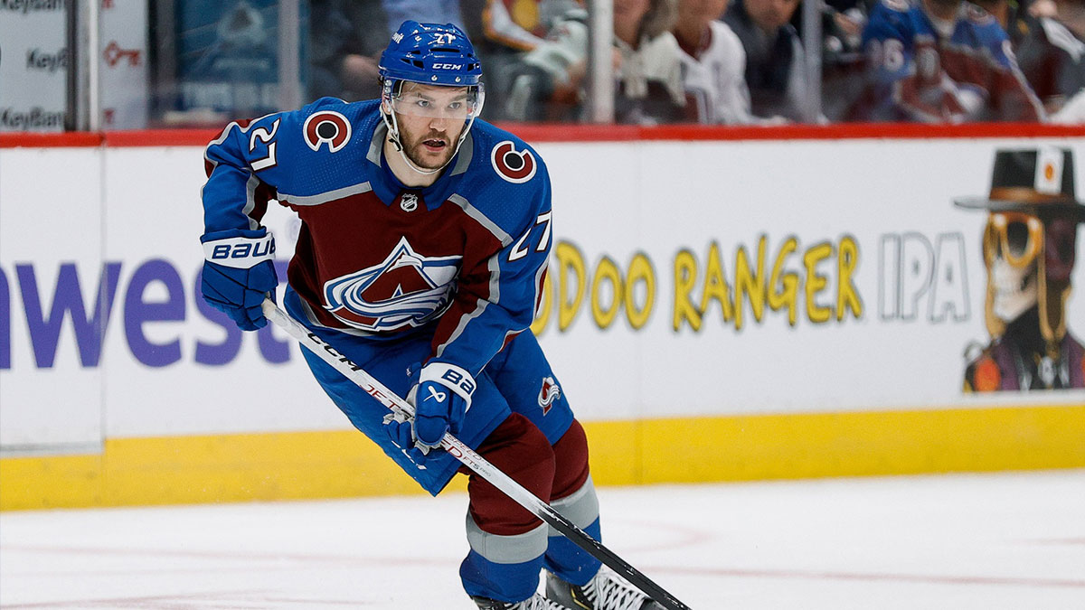 Colorado Avalanche left wing Jonathan Drouin (27) controls the puck in the second period against the Dallas Stars in game four of the second round of the 2024 Stanley Cup Playoffs at Ball Arena.