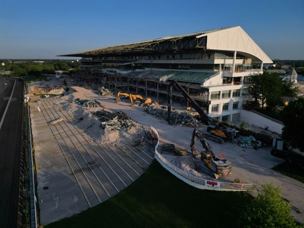 Demolition continues on the grandstand at the former Arlington International...