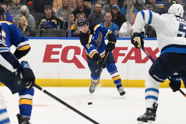 St. Louis Blues right wing Jimmy Snuggerud (21) shoots against the Winnipeg Jets during the second period in Game 6 of an NHL hockey first-round playoff series Friday, May 2, 2025, in St. Louis. (AP Photo/Jeff Le)