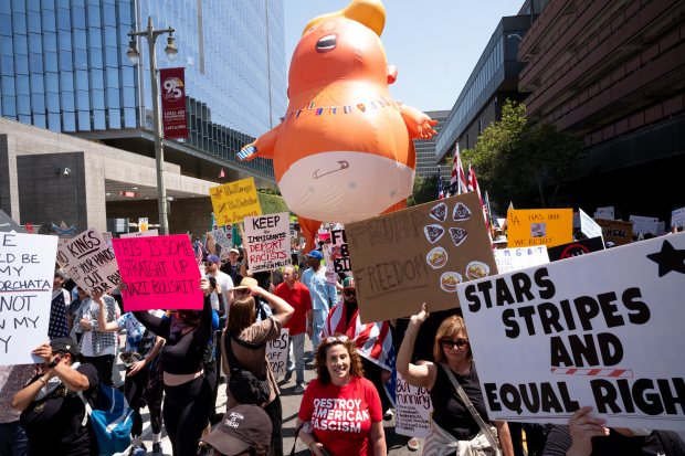 Thousands of No Kings protesters marched against the policies of...