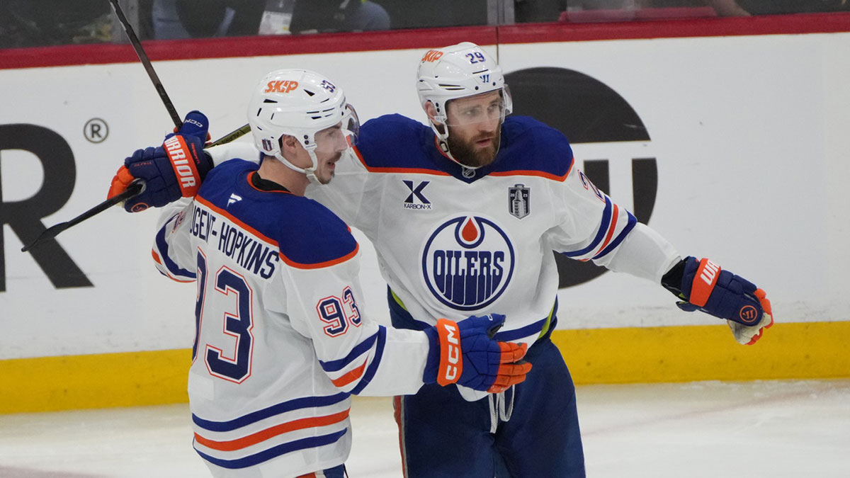 Edmonton Oilers center Ryan Nugent-Hopkins (93) celebrates scoring with center Leon Draisaitl (29) during the second period against the Florida Panthers in game four of the 2025 Stanley Cup Final at Amerant Bank Arena.