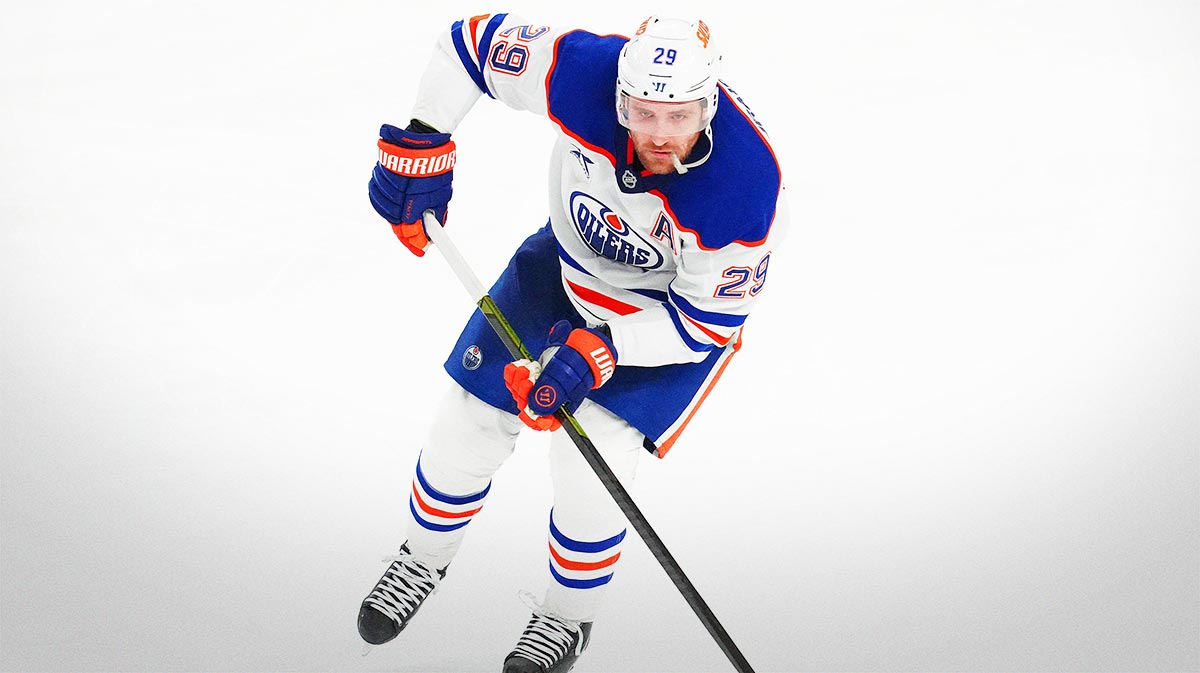 Edmonton Oilers center Leon Draisaitl (29) skates against the Vegas Golden Knights during the third period at T-Mobile Arena