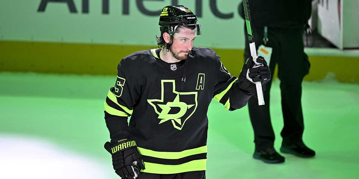 Dallas Stars center Matt Duchene (95) is named the number three star in Stars win over the Nashville Predators at the American Airlines Center.