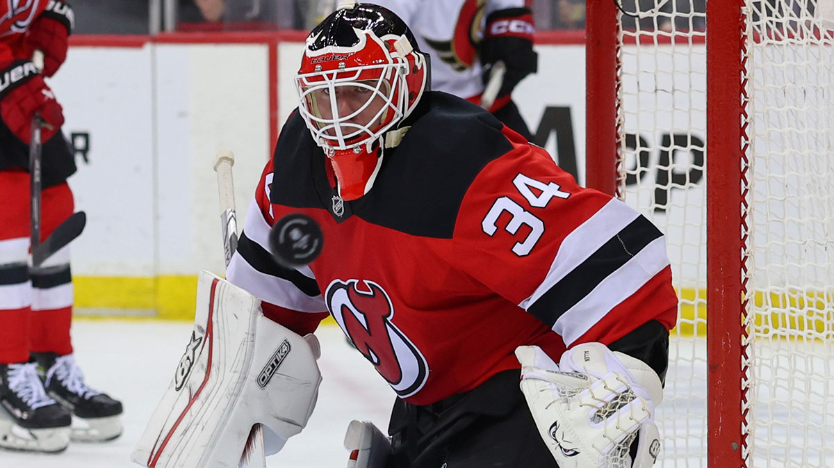 New Jersey Devils goaltender Jake Allen (34) defends his net against the Ottawa Senators during the third period at Prudential Center.