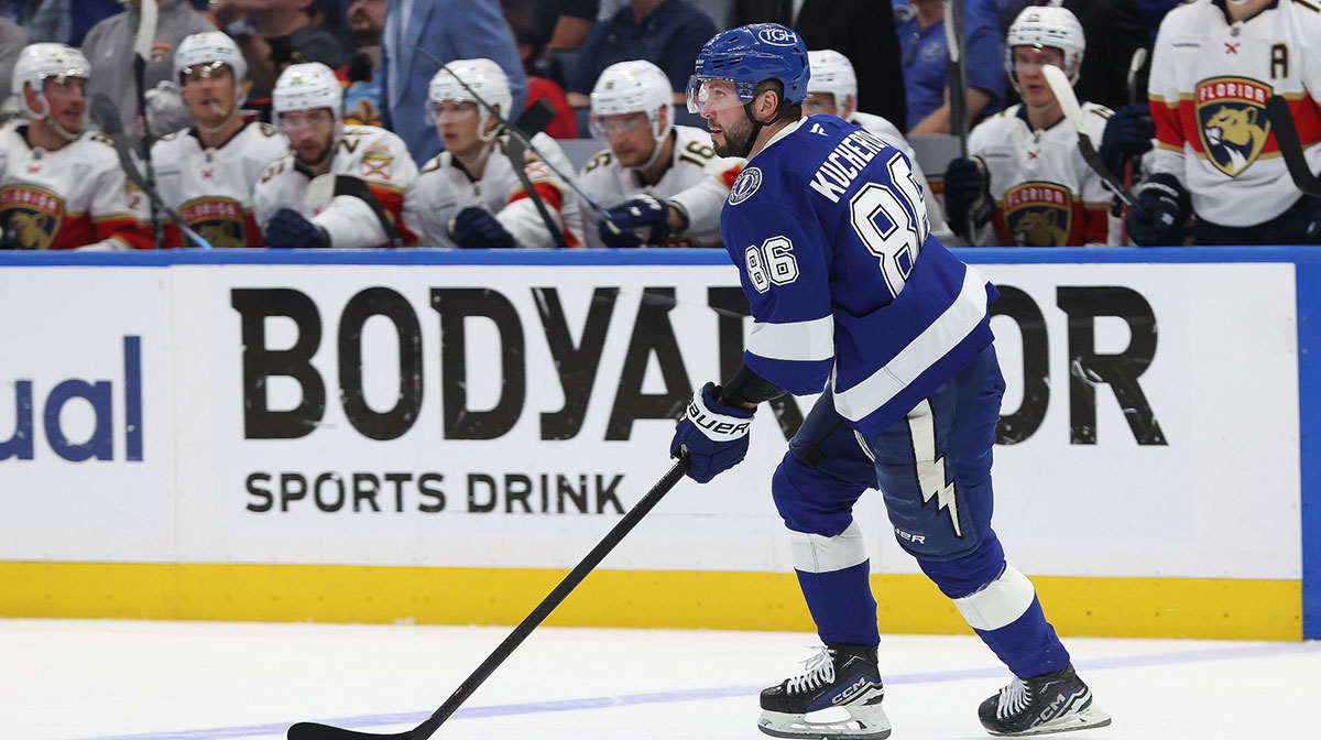 Tampa Bay Lightning right wing Nikita Kucherov (86) skates with the puck against the Florida Panthers during the second period of game five of the first round of the 2025 Stanley Cup Playoffs at Amalie Arena.