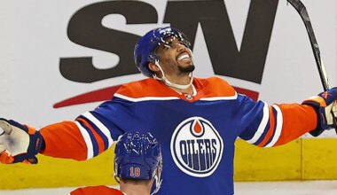 Nov 15, 2023; Edmonton, Alberta, CAN; Edmonton Oilers forward Evander Kane (91) celebrates his over-time winning goal against the Seattle Kraken at Rogers Place.