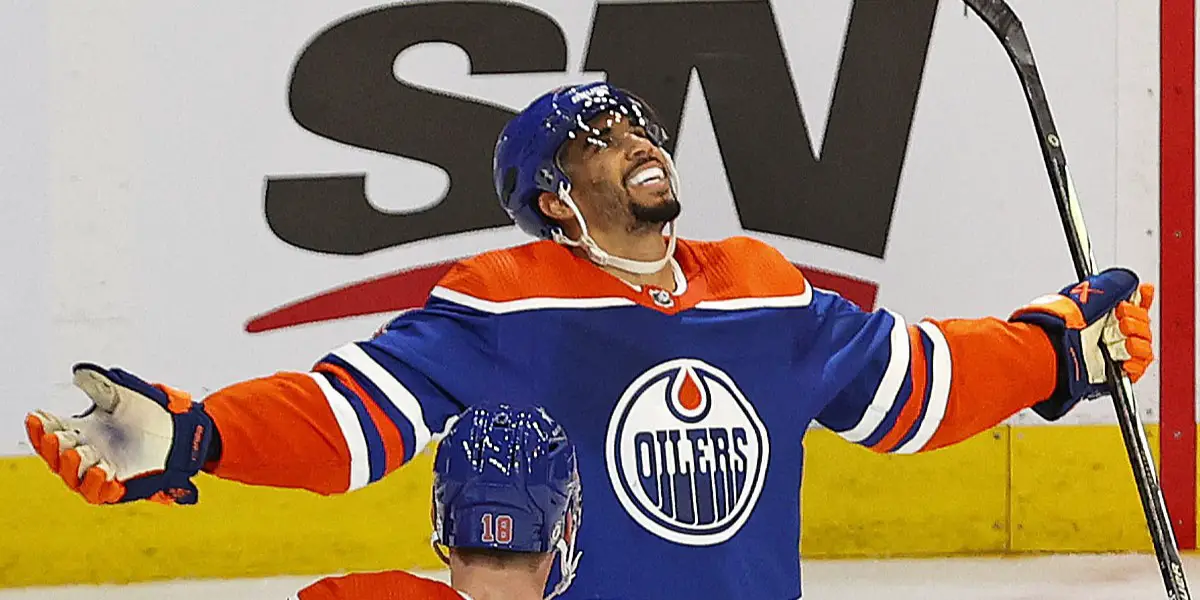 Nov 15, 2023; Edmonton, Alberta, CAN; Edmonton Oilers forward Evander Kane (91) celebrates his over-time winning goal against the Seattle Kraken at Rogers Place.