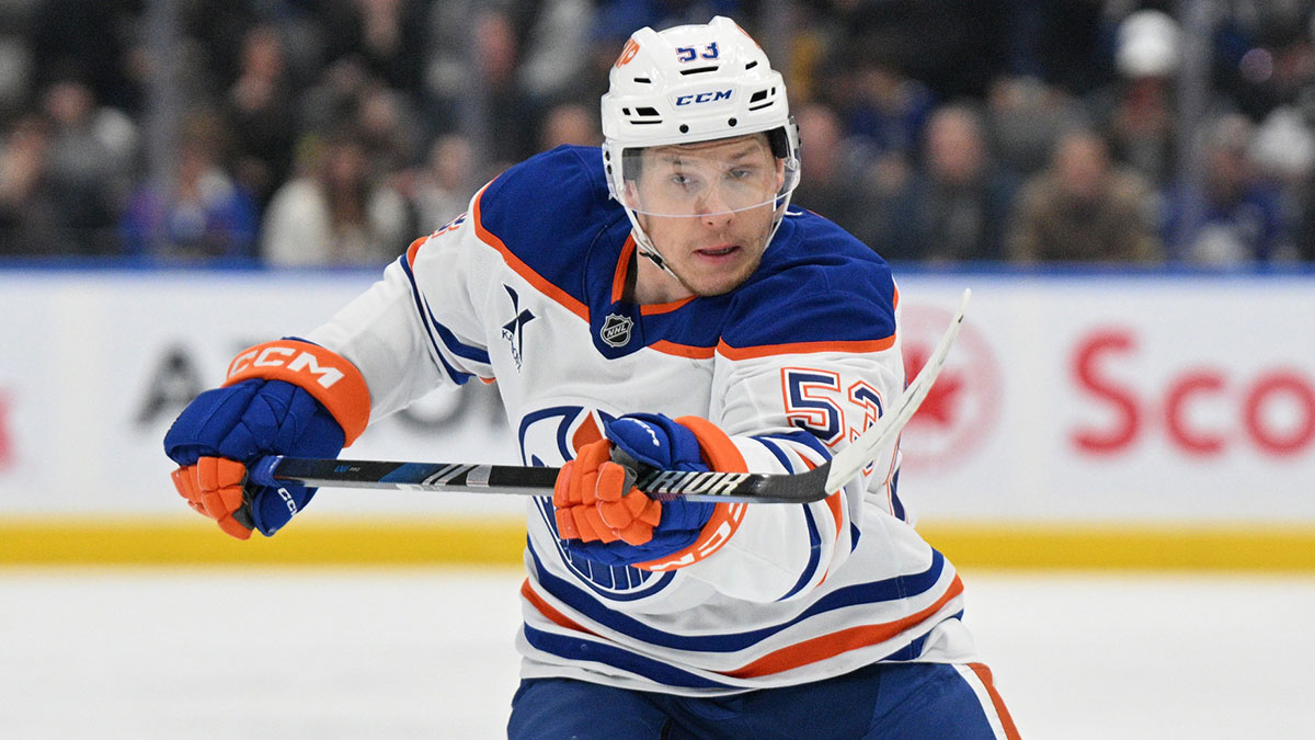Edmonton Oilers forward Jeff Skinner (53) pursues the play against the Toronto Maple Leafs in the second period at Scotiabank Arena