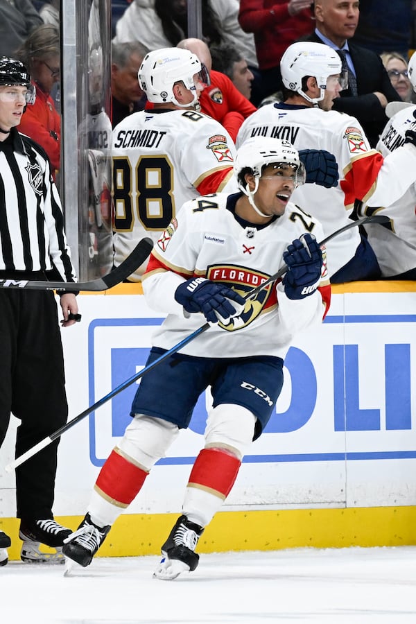 FILE - Florida Panthers right wing Justin Sourdif (24) celebrates after scoring against the Nashville Predators during the second period of an NHL hockey game Tuesday, Feb. 25, 2025, in Nashville, Tenn. (AP Photo/John Amis, File)