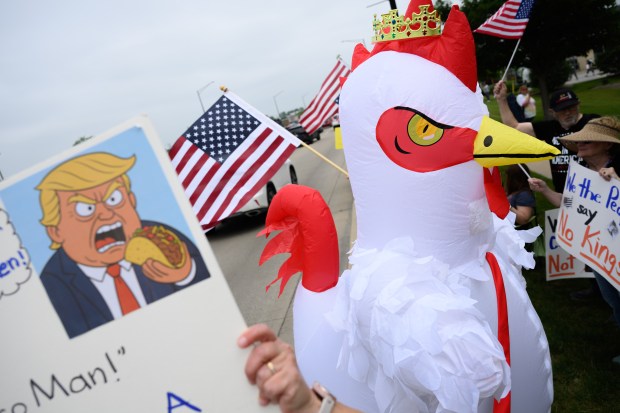 Dan Duran of Worth, IL wears a chicken costume with a crown on top during the south suburbs "No Kings Day" protest along LaGrange Road in Orland Park, IL on Saturday, June 14, 2025. (Andrew Burke-Stevenson/for the Daily Southtown)