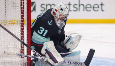 Seattle Kraken goaltender Philipp Grubauer save St. Louis Blues April 2025...