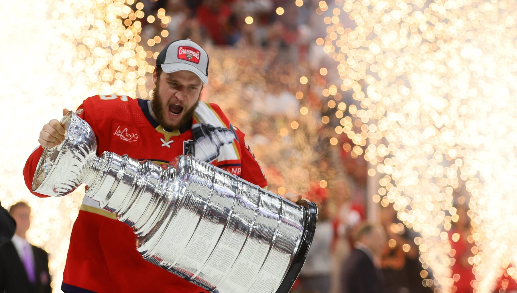 Florida Panthers forward Aleksander Barkov (16) hoists the Stanley Cup after defeating the Edmonton Oilers in game seven of the 2024 Stanley Cup Final at Amerant Bank Arena.