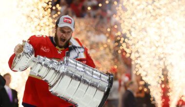 Florida Panthers forward Aleksander Barkov (16) hoists the Stanley Cup after defeating the Edmonton Oilers in game seven of the 2024 Stanley Cup Final at Amerant Bank Arena.