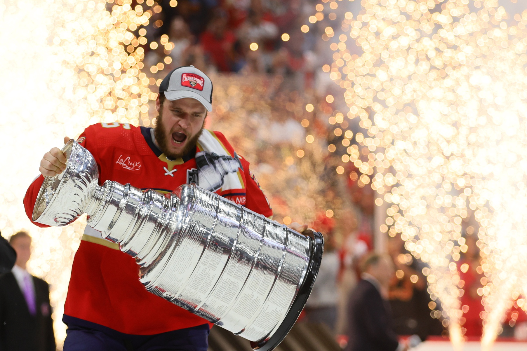 Florida Panthers forward Aleksander Barkov (16) hoists the Stanley Cup after defeating the Edmonton Oilers in game seven of the 2024 Stanley Cup Final at Amerant Bank Arena.