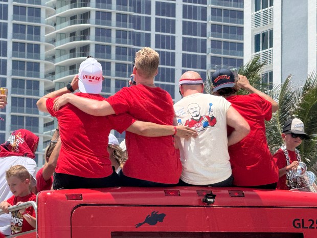 Florida Panthers teammates Evan Rodrigues, Gustav Forsling, Nate Schmidt, Jesper Boqvist ride in the 2025 Stanley Cup championship parade on Fort Lauderdale beach on Sunday, June 22, 2025. (Kari Barnett/South Florida Sun Sentinel)