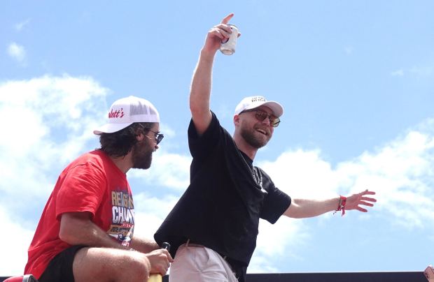 Aaron Ekblad and Sam Bennett of the Florida Panthers rally...