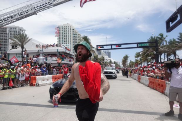 Jonah Gadjovich of the Florida Panthers passes by the Elbo...