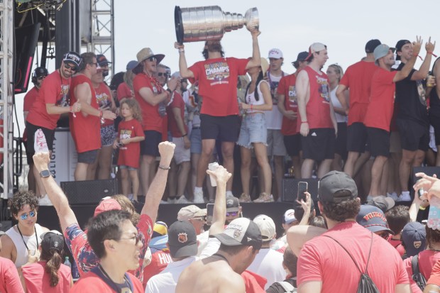 Aaron Ekblad celebrates on the rally stage during the 2025...