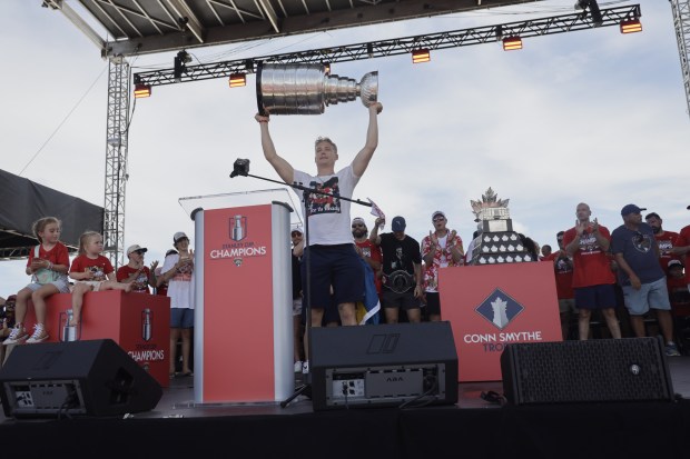 Gustav Forsling celebrates on the rally stage during the 2025...