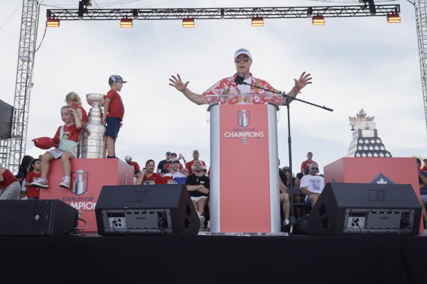 Panthers Coach Paul Maurice celebrates on the rally stage during...