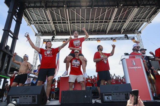Members of the Florida Panthers celebrate on the rally stage during the 2025 Stanley Cup championship parade on Fort Lauderdale beach on Sunday, June 22, 2025. (Mike Stocker/South Florida Sun Sentinel)