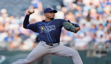 Tampa Bay Rays starting pitcher Taj Bradley throws during the first inning of a baseball game against the Kansas City Royals, Tuesday, June 24, 2025, in Kansas City, Mo. (AP Photo/Charlie Riedel)