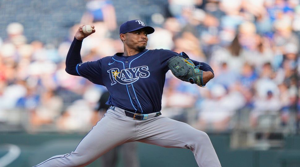 Tampa Bay Rays starting pitcher Taj Bradley throws during the first inning of a baseball game against the Kansas City Royals, Tuesday, June 24, 2025, in Kansas City, Mo. (AP Photo/Charlie Riedel)