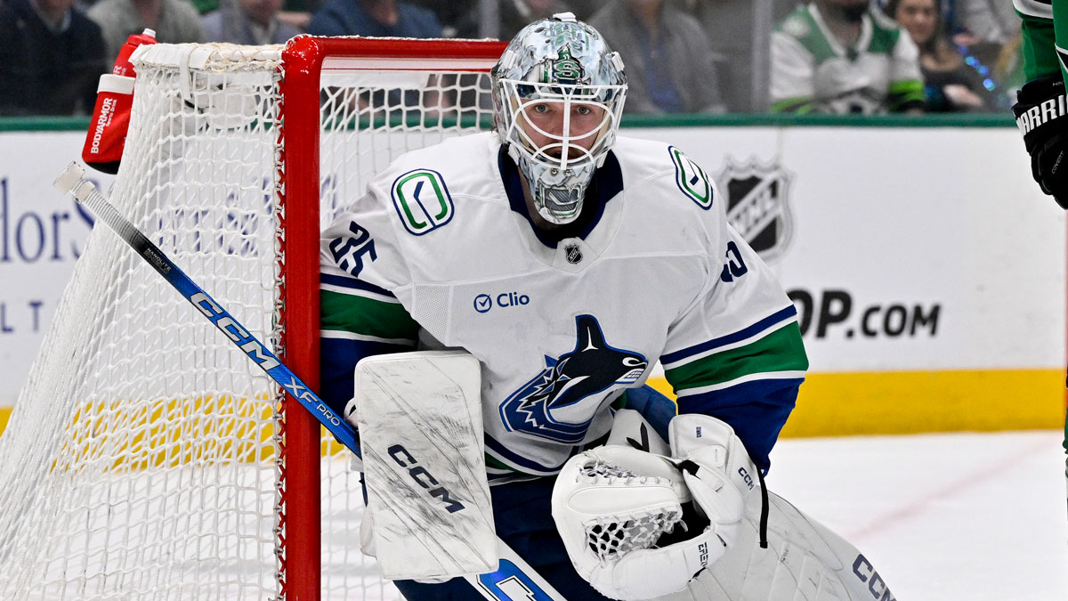 Vancouver Canucks goaltender Thatcher Demko (35) faces the Dallas Stars attack during the second period at the American Airlines Center. 