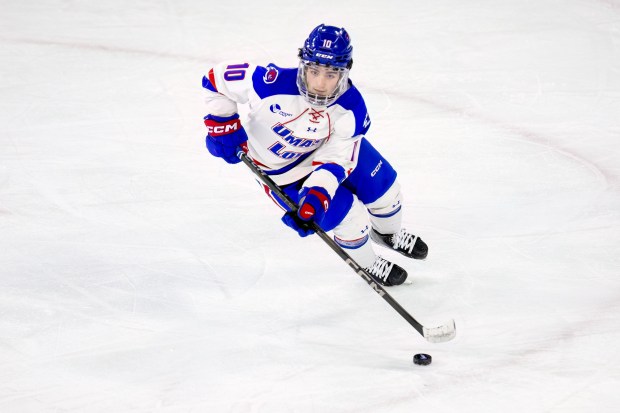 UMass Lowell forward Chris Delaney moves the puck during the second period of a Hockey East playoff game against New Hampshire last season. He's coming off a promising season. (James Thomas for the Lowell Sun)