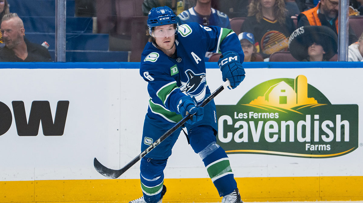 ancouver Canucks forward Brock Boeser (6) makes a pass against the Minnesota Wild in the second period at Rogers Arena.